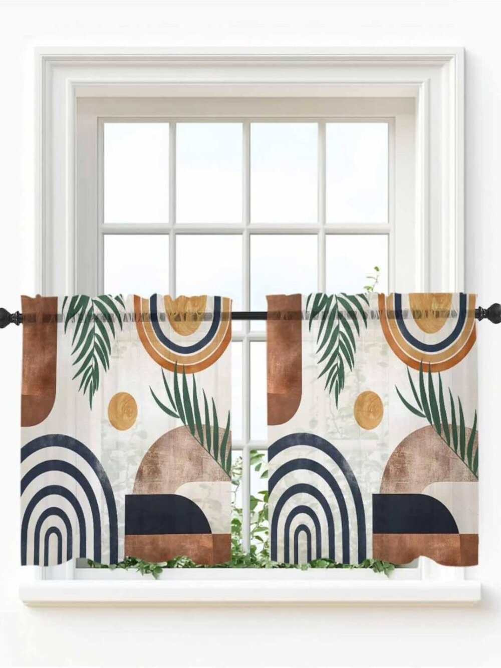 Boho Sheer Kitchen Tier Curtains - 24" Vintage Botanical Leaf Half Panels, 2
